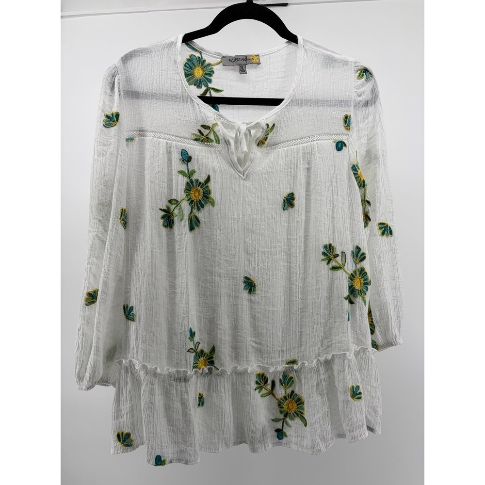 Figueroa & Flower, Floral Embroidered Peplum Top, Tie Neck, Women's Size XL